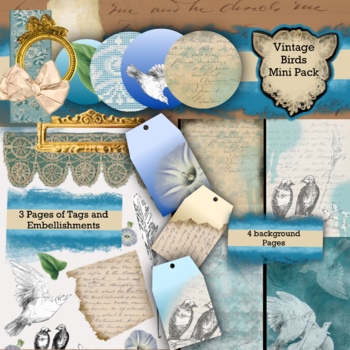 Preview of Vintage Bird Junk Journal Digital Paper Kit