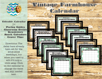 Preview of Vintage Farmhouse Calendars (Editable)