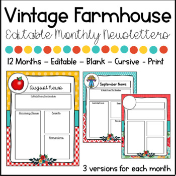 Preview of Vintage Farmhouse Pioneer Woman Inspired - Editable Monthly Newsletters