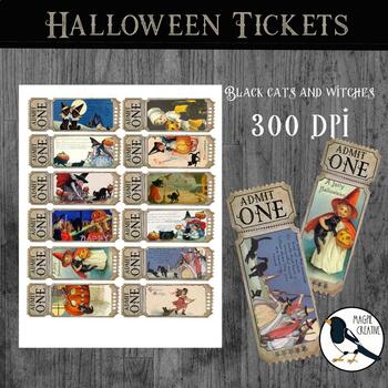 Preview of Vintage Halloween tickets printable Black cats party prop scrapbook