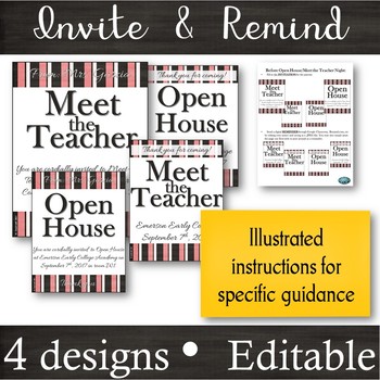 Preview of EDITABLE Invitation & Reminder Flyers for Meet the Teacher & Open House