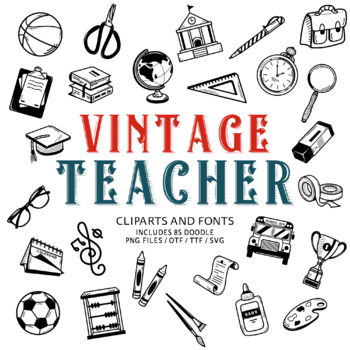 Preview of Vintage Teacher Clipart and Fonts, Instant File otf, ttf Font Pack Download