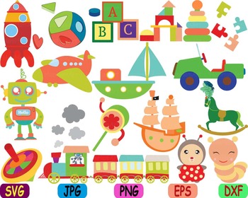 Preview of Vintage Toys cars airplane ship circus school clip art animals robot wooden -85S