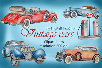 Preview of Vintage car clipart, sublimation watercolor clipart, retro cars clip art