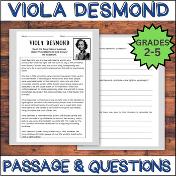 Preview of Viola Desmond Biography Passage & Questions |Grades 2-5 | Canadian Black History