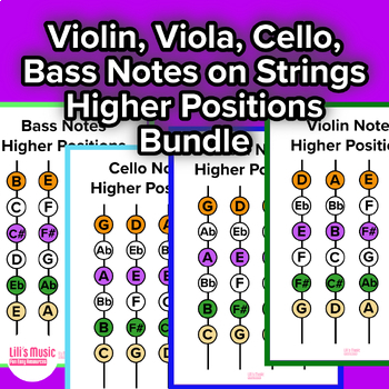 Preview of Violin, Viola, Cello, Bass Higher Position Notes On The String Charts Bundle