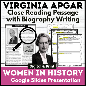 Preview of Virginia Apgar Close Reading Passage Quiz Biography Writing 3rd 4th 5th Grades