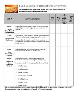 Preview of Virginia Civics and Economics SOL 6 Learning Target Sheet