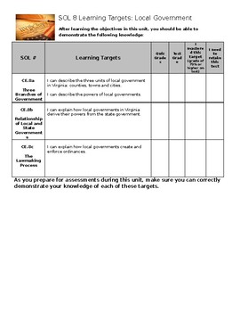 Preview of Virginia Civics and Economics SOL 8 Learning Target Sheet