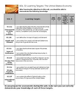 Preview of Virginia Civics and Economics SOL 12 Learning Target Sheet
