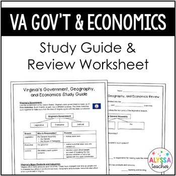 Preview of Virginia Government & Economics Study Guide and Review Worksheet (VS.10)