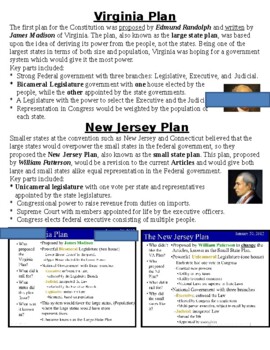 Preview of Virginia Plan New Jersey Plan Great Compromise Packet with Questions