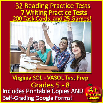 Preview of 6th 7th 8th Virginia SOL Reading Writing Practice Tests, Task Cards, Games IRW