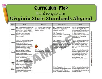 Preview of Virginia State Standards Curriculum Map for Kindergarten