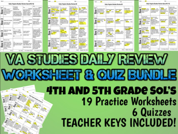 Preview of Virginia Studies Daily Review WS & QUIZ Bundle 4th & 5th Gr (updated 2016 SOL's)