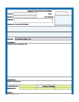 Preview of Virginia Studies Lesson Plan Template