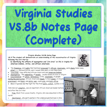 Preview of Virginia Studies VS.8b Notes Page (Complete)