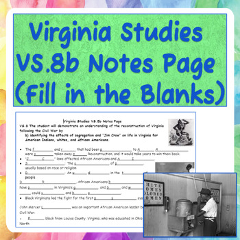 Preview of Virginia Studies VS.8b Notes Page (Fill in the Blanks)