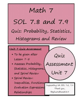 Preview of Virginia VA SOL 7.8 and 7.9 Unit 7 Quiz on Probability, Histograms and Review