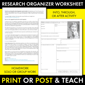 Virginia Woolf Author Study Worksheet Biography Activity PDF Google