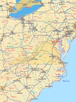Preview of Virginia map with cities township counties rivers roads labeled