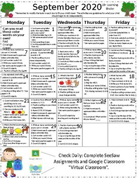 Preview of Activity and APP Calendar for in school or "virtual" learners.