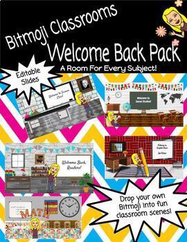 Preview of Virtual Bitmoji Classrooms "Welcome Back Pack"- Editable Room for Every Subject!