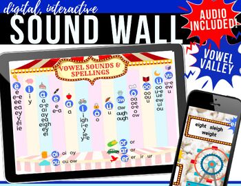 Preview of Virtual, Interactive Sound Wall Word Wall  - Boom™ Vowel Valley with AUDIO! ⭐⭐