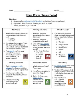 Preview of Virtual Learning Forces & Motion Choice Board - Mars Rover