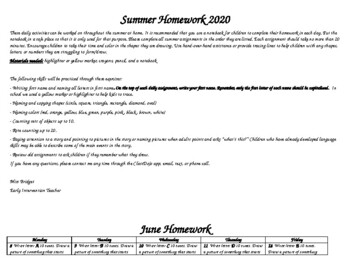 Preview of Virtual Learning Pre-K/K prep. Summer School Homework Microsoft Word Document