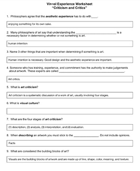 Preview of Visnal Experience Worksheet "Criticism and Critics"