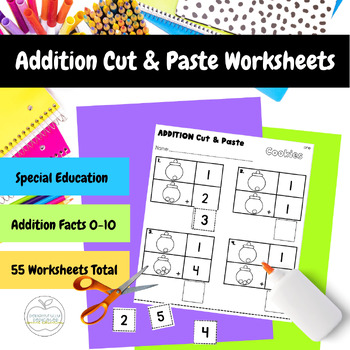 Preview of Visual Addition Cut & Paste Worksheets for Special Education: Facts 0-10