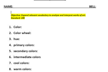 Preview of Visual Arts: Color Theory Vocab Notes & Review Handout Activities 