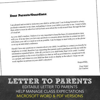 Visual Arts First Day Of School Printables Letter To Parents Behavior Contract