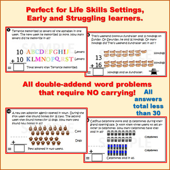 Visual Picture Math: Double Addend Word Problems: Adapted Life Skills SPED