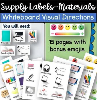 Preview of Visual Supply Labels picture direction cards names whiteboard class magnets