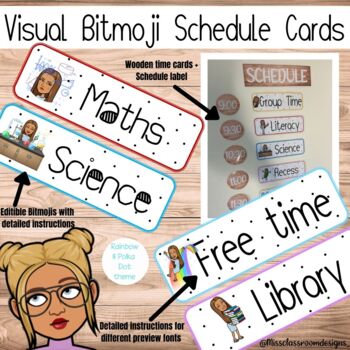 Preview of Visual Time Table/Schedule Cards + Editable Bitmoji (Rainbow & Polka Dot Theme)