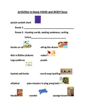 Preview of Visual and Written list of Activities to keep busy in classroom