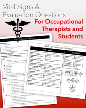 Preview of Vital Signs Sheet and Evaluation Questions for Occupational Therapy in Rehab