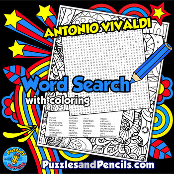 Preview of Vivaldi Word Search Puzzle Activity Page with Coloring | Famous Music Composers