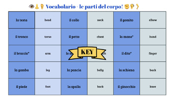 Preview of Vocabolario Parti del corpo, Parts of the body Vocabulary | Notes, handouts, key