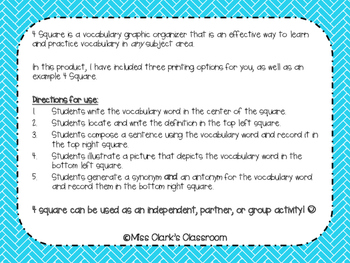 Vocabulary 4 Square by Miss Clark's Classroom | Teachers Pay Teachers