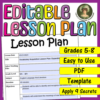 Preview of Vocabulary Acquisition : Editable Lesson Plan for Middle School