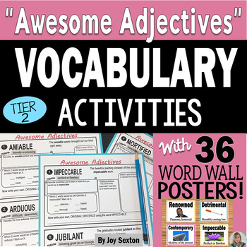 Preview of Vocabulary Activities - Awesome Adjectives with Word Wall Posters & Quizzes 6-9