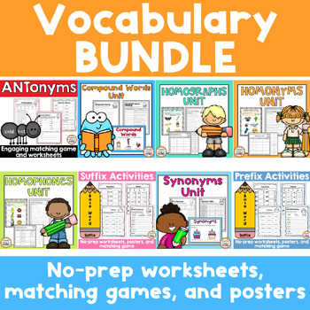 Preview of Vocabulary Activities Bundle - No-Prep Worksheets, Matching Games, and Posters