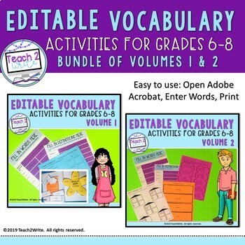 Preview of Editable Vocabulary Activities for ELA Middle School Bundle