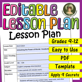 Preview of Vocabulary Analysis : Editable Lesson Plan for High School