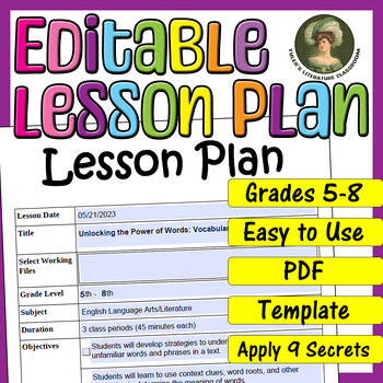 Preview of Vocabulary Analysis : Editable Lesson Plan for Middle School