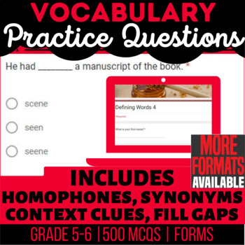 Preview of Vocabulary Google Forms | Context Clues Defining Words Homophones Synonyms