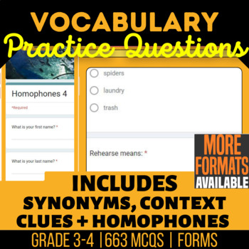 Preview of Vocabulary Google Forms Bundle Context Clues Homophones Synonyms Defining Words